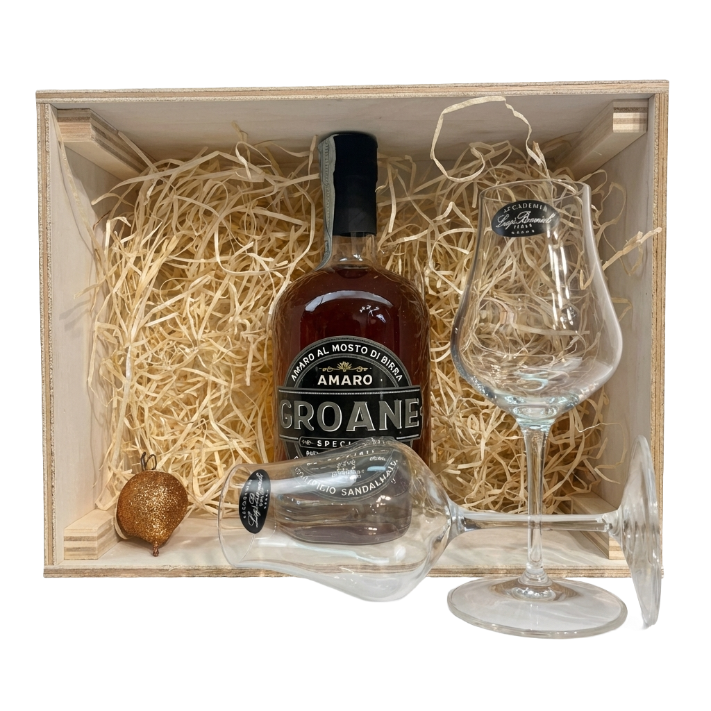 Cofanetto Amaro Groane con 2 Bicchieri con stelo